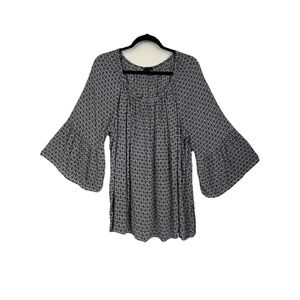 Talbots Woman Sz 3X Blouse Peasant Indigo Blue Block‎ Print Bell Sleeves Prairie